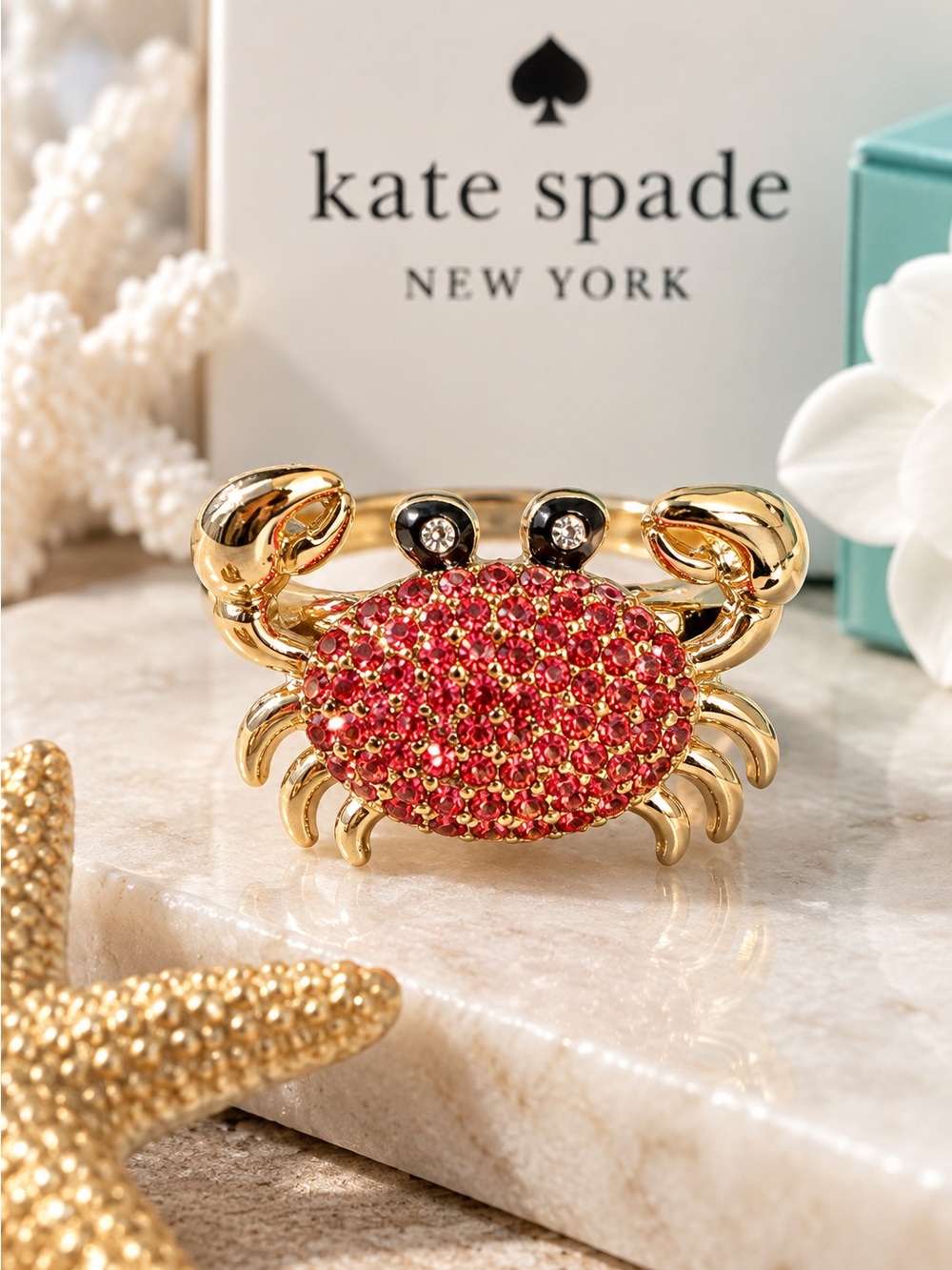 Kate Spade Red Pavé Crab Statement Ring Gold Tone Size 8
